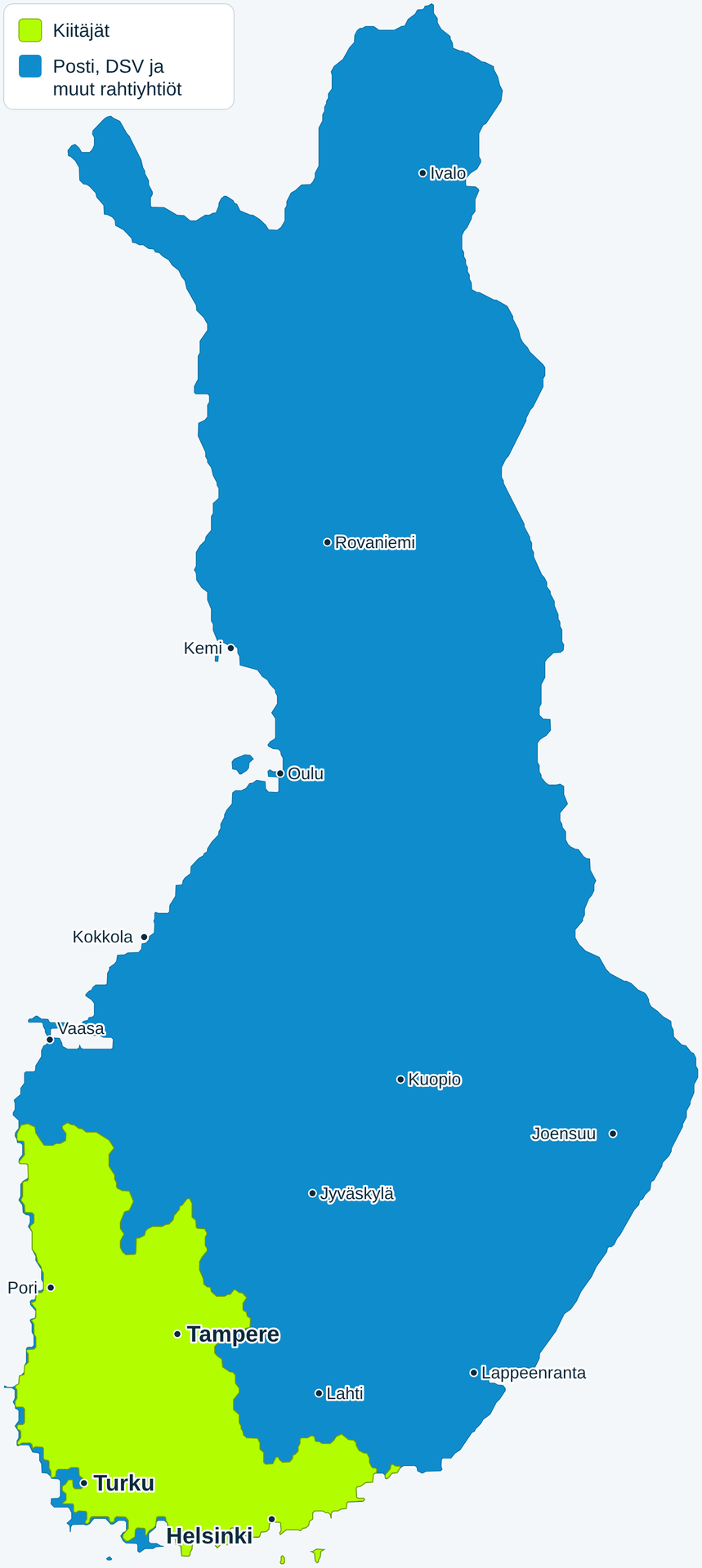 Toimitusalueet: Kiitäjät-alueet limellä, muu Suomi sinisellä (Posti, DSV ja muut rahtiyhtiöt). Kartta on suuntaa antava.